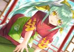  1girl alternate_costume aqua_hair bangs blush breasts commentary_request dragon_horns eyebrows_visible_through_hair fate/grand_order fate_(series) green_hair horns indoors japanese_clothes kimono kiyohime_(fate/grand_order) kneeling large_breasts long_hair looking_at_viewer morizono_shiki open_mouth ponytail red_kimono smile solo yellow_eyes 