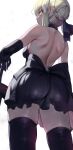  1girl artoria_pendragon_(fate) bare_back bare_shoulders black_dress black_gloves black_legwear black_ribbon blonde_hair dress eyebrows_visible_through_hair fate/grand_order fate_(series) from_behind gloves hair_ribbon highres looking_at_viewer ribbon saber_alter short_hair simple_background solo standing thigh-highs thighs torriet white_background yellow_eyes zettai_ryouiki 