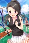  absurdres alternative_girls angry black_hair blush highres long_hair official_art open_mouth ponytail racket saionji_rei sleeveless sportswear tennis_net tennis_racket tennis_uniform violet_eyes 