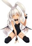  1girl animal_ears bangs bare_arms bare_shoulders black_legwear black_leotard black_neckwear black_wings bow bowtie breasts closed_mouth dark_skin demon_wings detached_collar full_body hand_up highres hon_(neo2462) kneeling leotard long_hair looking_at_viewer rabbit_ears sidelocks silver_hair simple_background small_breasts solo soul_worker tattoo thigh-highs tiara white_background wings wrist_cuffs yellow_eyes 