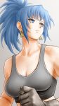  1girl bangs bare_shoulders black_gloves blue_eyes blue_hair breasts closed_mouth collarbone earrings gloves grey_background highres jewelry leona_heidern looking_away military military_uniform ponytail simple_background soldier tank_top the_king_of_fighters uniform x_chitch 