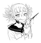  1girl bags_under_eyes bangs blood blood_on_face bloody_clothes bloody_hands bloody_knife blunt_bangs blush boku_no_hero_academia commentary double_bun greyscale hashimoto_kurara holding holding_knife holding_weapon knife licking_lips long_sleeves looking_at_viewer messy_hair monochrome sailor_collar short_hair sidelocks simple_background solo sweater toga_himiko tongue tongue_out twitter_username upper_body weapon white_background 