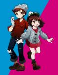  1boy 1girl :d ayateaori brown_eyes brown_footwear brown_hair commentary gloves green_headwear hat holding open_mouth pokemon pokemon_special shoes short_hair smile standing standing_on_one_leg tate_shirudomiria tsurugi_soudo two-tone_background white_gloves 