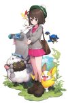  1girl absurdres backpack bag brown_eyes brown_hair dress gen_8_pokemon grey_cardigan highres kuang1104 map pink_dress pokemon pokemon_(game) pokemon_on_shoulder pokemon_swsh rookidee scorbunny tam_o&#039;_shanter wavy_mouth wooloo yamper yuuri_(pokemon) 