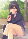  1girl bag bangs black_hair black_legwear black_sweater blurry blurry_background blush collared_shirt commentary_request crossed_legs cup depth_of_field disposable_cup drinking_straw ear_piercing earrings eyebrows_visible_through_hair grey_skirt highres holding holding_cup izumo_neru jewelry long_hair long_sleeves looking_at_viewer nail_polish original piercing pleated_skirt purple_nails ring school_bag school_uniform shirt sitting sitting_on_stairs skirt sleeves_past_wrists socks solo stairs stone_stairs stud_earrings sweater very_long_hair violet_eyes white_shirt 