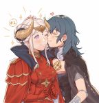  2girls blush byleth_(fire_emblem) byleth_eisner_(female) cape cheek_kiss closed_eyes cute double_bun edelgard_von_hresvelg fire_emblem fire_emblem:_three_houses fire_emblem:_three_houses fire_emblem_16 fire_emblem_heroes helmet horned_helmet intelligent_systems kiss multiple_girls nintendo one_eye_closed silver_hair simple_background smile super_smash_bros. tiara upper_body violet_eyes yukari_(bryleluansing) yuri 