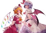  2girls :d absurdres apron bangs blonde_hair blue_hair bow choker collarbone demon_wings eyebrows_visible_through_hair fang flandre_scarlet frilled_apron frilled_shirt frilled_skirt frills hair_between_eyes hat hat_bow highres long_skirt looking_at_viewer multiple_girls nail_polish open_mouth red_bow red_eyes red_nails red_neckwear red_shirt red_skirt remilia_scarlet shiny shiny_hair shirt short_hair short_sleeves side_ponytail simple_background skirt smile standing touhou waist_apron white_apron white_background white_headwear white_shirt white_skirt wings wrist_cuffs yayako_(804907150) yellow_neckwear 