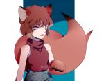  1girl animal_ears artist_name bangs blue_eyes brown_gloves brown_hair daylight919 eyebrows_visible_through_hair fox_ears fox_tail gloves haibara_ai hair_between_eyes highres looking_at_viewer meitantei_conan open_mouth paw_gloves paws red_vest short_hair solo standing sweater tail transparent_background turtleneck turtleneck_sweater vest 