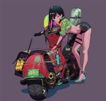  1girl ass assault_rifle belt black_hair breasts ground_vehicle gun high_heels long_hair looking_at_viewer midriff motor_vehicle motorcycle open_mouth original purple_background purple_hair rifle shorts simple_background solo tex_(3red_dot) thigh_strap under_boob violet_eyes weapon 
