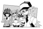  1girl 2boys ayateaori baseball_cap blush creature double_bun foongus gen_5_pokemon greyscale hat holding holding_pokemon hue_(pokemon) long_hair looking_at_another looking_at_viewer monochrome multiple_boys n_(pokemon) pokemon pokemon_(creature) pokemon_special spiky_hair tears twintails whi-two_(pokemon) 