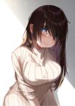  1girl akitsuki_hiroya blue_eyes breasts glasses highres impossible_clothes large_breasts long_hair long_sleeves original ribbed_sweater simple_background smile solo sweater 