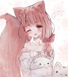  1girl ;d absurdres animal animal_ear_fluff animal_ears animal_hug bangs blush bow brown_eyes brown_hair cat collarbone dress eyebrows_visible_through_hair floral_background fox_ears fox_girl fox_tail hair_bow head_tilt highres long_hair long_sleeves looking_at_viewer low_twintails off-shoulder_dress off_shoulder one_eye_closed open_mouth original red_bow short_twintails smile solo tail tail_raised tandohark twintails white_bow white_dress 