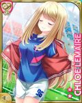  1girl arm_up blonde_hair blue_shirt breasts brown_jacket character_name chloe_lemaire closed_eyes girlfriend_(kari) jacket jacket_pull long_hair official_art open_clothes open_jacket outdoors pulled_by_self qp:flapper shirt shorts smile soccer soccer_field soccer_uniform solo_focus sportswear track_jacket white_shorts 