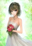  1girl 810eru absurdres bangs blue_eyes blurry blurry_background blush bouquet breasts dress floral_print flower green_eyes green_hair heterochromia highres idolmaster idolmaster_cinderella_girls jewelry leaf long_dress looking_at_viewer medium_breasts mole mole_under_eye necklace parted_lips pink_flower pink_rose rose short_hair sleeveless sleeveless_dress smile solo strapless strapless_dress takagaki_kaede tiara wedding_dress yellow_flower yellow_rose 