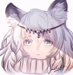  1girl animal_ear_fluff animal_ears arknights artist_name bangs blue_eyes blush braid commentary eyebrows_visible_through_hair hair_between_eyes head_chain leopard_ears looking_at_viewer pramanix_(arknights) signature silver_hair simple_background solo twin_braids vaniraaa white_background 