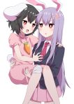  2girls :3 anger_vein animal_ears bandaged_knees black_hair blue_jacket blush breast_grab bright_pupils buck_teeth bunny_tail carrot_necklace carrying commentary_request dress dress_shirt feet_out_of_frame grabbing hand_on_another&#039;s_chest hand_on_another&#039;s_shoulder high_collar highres inaba_tewi jacket lavender_hair long_hair looking_at_another multiple_girls necktie open_mouth pink_dress pink_skirt pleated_skirt princess_carry puffy_short_sleeves puffy_sleeves rabbit_ears red_eyes red_neckwear reisen_udongein_inaba shirt short_hair short_sleeves simple_background skirt standing suit_jacket tail touhou tsukimirin very_long_hair white_background white_pupils white_shirt 