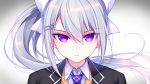  1girl 2980 closed_mouth higuchi_kaede looking_at_viewer necktie nijisanji ponytail ribbon school_uniform solo white_hair 