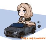  1girl blue_eyes brown_hair car chibi cute driving fire_emblem fire_emblem:_three_houses fire_emblem:_three_houses fire_emblem_16 hair_ribbon intelligent_systems long_hair mario_kart mercedes-benz mercedes_von_martritz name_joke nintendo parody ribbon solo thekimersonshow vehicle 