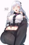  1girl ak-12_(girls_frontline) asakawa_(outeq) bangs black_gloves black_pants blush breasts character_name crossed_legs eyebrows_visible_through_hair eyelashes girls_frontline gloves glowing glowing_eye grey_background hair_ribbon highres hip_bones large_breasts long_hair long_sleeves midriff navel one_eye_closed open_mouth pants partly_fingerless_gloves ribbon silver_hair simple_background solo 