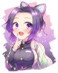  1girl :d bangs black_jacket blush breasts butterfly_hair_ornament commentary_request cropped_torso forehead hair_ornament hand_up index_finger_raised jacket kimetsu_no_yaiba kochou_shinobu long_sleeves looking_at_viewer medium_breasts open_clothes open_mouth parted_bangs purple_hair smile solo upper_body upper_teeth violet_eyes wide_sleeves yomogi_(becr) 