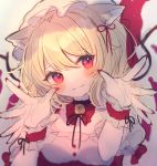  1girl adapted_costume animal_ear_fluff animal_ears bangs bell black_choker black_ribbon blonde_hair blurry blush bow bowtie cat_ears chikuwa_(tikuwaumai_) choker clenched_hands commentary_request eyebrows_visible_through_hair fang fingernails flandre_scarlet hair_ribbon hands_up hat hat_ribbon highres jingle_bell long_fingernails looking_away mob_cap nail_polish neck_ribbon outstretched_hand red_bow red_eyes red_nails red_neckwear red_ribbon ribbon sharp_fingernails short_hair sketch skin_fang solo touhou upper_body white_headwear wings wrist_cuffs wrist_ribbon 