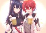  2girls ;d alcohol animal_ear_fluff animal_ears arknights arm_around_shoulder bangs beer beer_mug black_capelet black_gloves capelet commentary_request cup energy_wings exusiai_(arknights) eyebrows_visible_through_hair fingerless_gloves gloves grey_shirt hair_between_eyes halo hand_up high_collar highres holding holding_cup jacket long_sleeves multiple_girls nazt one_eye_closed open_clothes open_jacket open_mouth purple_hair raglan_sleeves redhead shirt smile texas_(arknights) upper_body white_jacket wolf_ears yellow_eyes 