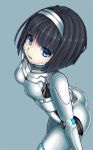  1girl android black_hair blue_background blue_eyes bob_cut border breasts commentary_request hairband kurogane_daichi looking_at_viewer medium_hair original parted_lips robot_joints small_breasts solo white_border 