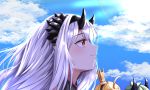  3girls ahoge alencia_(epic7) artist_name bangs black_hairband black_horns blonde_hair blue_sky charlotte_of_la_mare close-up closed_mouth clouds cloudy_sky commentary crown crown_hair_ornament dragon_girl dragon_horns english_commentary epic7 eyebrows_visible_through_hair green_hair hair_intakes hairband highres horns lens_flare light_smile long_hair looking_to_the_side mini_crown multiple_girls out_of_frame pointy_ears red_eyes sidelocks sky solo_focus sunlight twomoon white_hair yufine_(epic7) 