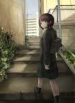  1girl asymmetrical_hair brown_eyes brown_hair building commentary_request grass hair_ornament hairclip highres iwakura_lain looking_at_viewer noruka-soruka school_uniform serial_experiments_lain short_hair skirt solo 