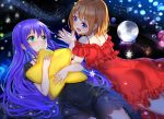  2girls :d ass bangs bare_shoulders black_dress blush brown_hair closed_mouth commentary_request constellation dress eye_contact eyebrows_visible_through_hair frilled_dress frills green_eyes hair_between_eyes hair_ornament hands_together highres koisuru_asteroid konohata_mira long_hair looking_at_another lying manaka_ao multiple_girls off-shoulder_dress off_shoulder on_back on_stomach open_mouth own_hands_together palms_together pillow pillow_hug planet purple_hair red_dress short_hair short_sleeves smile star star_(sky) star_hair_ornament star_pillow swordsouls very_long_hair violet_eyes 