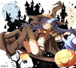  1girl :d absurdres bangs bell belt black_rock_shooter black_rock_shooter_(character) blue_eyes blue_hair boots bow bowtie brown_cape brown_footwear brown_gloves brown_headwear brown_shorts cape eyebrows_visible_through_hair fingerless_gloves floating_hair full_body gloves groin hair_between_eyes halloween halloween_costume hat highres long_hair looking_at_viewer midriff open_mouth oywj pumpkin red_bow red_neckwear shiny shiny_hair short_shorts shorts smile solo sparkle star star-shaped_pupils stomach symbol-shaped_pupils thigh-highs thigh_boots thumbs_up very_long_hair white_belt witch witch_hat zettai_ryouiki 