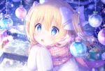  1girl bauble blonde_hair blue_eyes bow box emori_el emori_miku_project gift gift_box hair_bow hands_up highres kon_hoshiro long_hair one_side_up open_mouth plaid plaid_scarf scarf snowing solo sparkle upper_body white_bow white_coat winter winter_clothes 