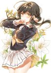  1girl 3: absurdres ahoge arm_up ayatsuki_sugure bangs black_hair black_shirt blush closed_mouth commentary_request cowboy_shot crying crying_with_eyes_open eyebrows_visible_through_hair floral_background flower hand_on_own_face hand_up highres long_hair long_sleeves low_twintails miniskirt neckerchief original pleated_skirt sailor_collar school_uniform serafuku shirt skirt solo tears thighs twintails white_background white_flower white_sailor_collar white_skirt yellow_eyes yellow_neckwear 