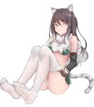  1girl animal_ear_fluff animal_ears bandeau bangs bare_shoulders black_gloves black_hair breasts brown_eyes closed_mouth elbow_gloves eyebrows_visible_through_hair fingerless_gloves full_body gloves gradient_hair green_skirt grey_hair hair_between_eyes kashiwazaki_shiori looking_at_viewer multicolored_hair no_shoes nyakonro_(nekonro) panties pleated_skirt princess_connect! princess_connect!_re:dive simple_background skirt small_breasts smile soles solo tail thigh-highs tiger_ears tiger_girl tiger_tail underwear white_background white_legwear white_panties 