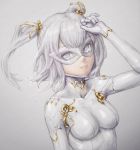  1girl bodysuit commentary_request gold_trim grey_background hand_on_own_head highres looking_at_viewer mask original science_fiction short_twintails skin_tight smile twintails white_bodysuit white_eyes white_hair white_mask white_theme yumikoyama49 