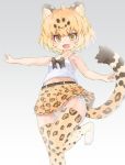  1girl :d ahoge animal_ear_fluff animal_ears bangs belt black_bow blonde_hair bow breasts commentary extra_ears eyebrows_visible_through_hair fang gradient gradient_background grey_background jaguar_(kemono_friends) jaguar_ears jaguar_print jaguar_tail kemono_friends kolshica looking_at_viewer midriff_peek navel open_mouth outstretched_arm panties pleated_skirt print_legwear print_skirt short_hair side-tie_panties simple_background skirt small_breasts smile solo spaghetti_strap standing standing_on_one_leg tail thigh-highs underwear white_panties yellow_eyes younger 