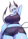  1girl arm_behind_back belly black_horns black_sclera black_shorts black_tank_top blue_skin blush breasts demon_girl demon_tail eyebrows eyebrows_visible_through_hair from_below green_eyes highres huge_breasts juugoya_(zyugoya) musuko_ga_kawaikute_shikatanai_mazoku_no_hahaoya navel shorts tail teresa_(musuko_ga_kawaikute_shikatanai_mazoku_no_hahaoya) thick_thighs thighs translation_request white_hair 