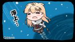  1girl =_= bangs black_border blonde_hair blush border chibi hair_flaps hair_ornament hair_ribbon hairclip kantai_collection long_hair open_mouth poipoi_purin red_neckwear remodel_(kantai_collection) ribbon sailor_collar scarf school_uniform serafuku short_sleeves solo torpedo translation_request underwater white_scarf yuudachi_(kantai_collection) 