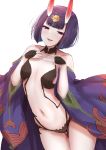  1girl bangs bare_shoulders blush bob_cut breasts eyeliner fate/grand_order fate_(series) headpiece highres horns japanese_clothes john_zhang kimono long_sleeves looking_at_viewer makeup oni oni_horns open_clothes open_kimono open_mouth purple_hair purple_kimono revealing_clothes short_eyebrows short_hair shuten_douji_(fate/grand_order) simple_background skin-covered_horns small_breasts smile solo violet_eyes white_background wide_sleeves 