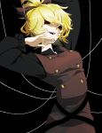  1girl arm_up black_background black_shirt blonde_hair bow breasts bronze_liver brown_skirt brown_vest cowboy_shot fangs hair_bow kurodani_yamame long_sleeves medium_breasts open_mouth red_eyes shirt short_hair silk simple_background skirt skirt_set solo spider_web teeth topknot touhou vest 