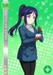  blue_hair blush character_name dress long_hair love_live!_school_idol_festival love_live!_sunshine!! matsuura_kanan ponytail smile violet_eyes 