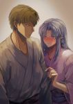  1boy 1girl bangs blue_eyes blue_hair blush braid brown_hair caster commentary_request couple fate/stay_night fate_(series) grey_kimono japanese_clothes kara413 kimono kuzuki_souichirou long_hair parted_bangs pointy_ears purple_kimono side_braid sweatdrop 