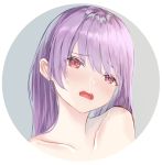  1girl absurdres bangs collarbone eyebrows_visible_through_hair hair_between_eyes head_tilt highres kokose long_hair nude open_mouth original portrait purple_hair red_eyes shiny shiny_hair simple_background solo straight_hair white_background 