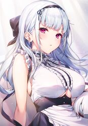  1girl azur_lane bare_shoulders black_ribbon bow breasts character_doll dido_(azur_lane) dress frilled_dress frills hair_bow hairband highres komeshiro_kasu large_breasts long_hair looking_at_viewer parted_lips pink_eyes ribbon sidelocks silver_hair sleeveless sleeveless_dress solo under_boob underboob_cutout upper_body white_dress 