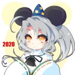  1girl 2020 animal_ears grey_hair hat japanese_clothes kamome kariginu mononobe_no_futo mouse_ears orange_eyes party_hat pom_pom_(clothes) ponytail simple_background star touhou wide_sleeves 