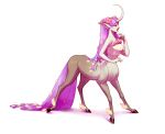  1girl animal_ears bare_shoulders breasts centaur closed_eyes clouded-3d commentary english_commentary flower from_side full_body hair_flower hair_ornament horn long_hair medium_breasts midriff navel neopets personification profile purple_hair shirt simple_background standing uni_(neopets) white_background 