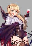  1girl black_gloves blood braid cape cup drinking_glass eyebrows_visible_through_hair fang frills gloves grey_background holding holding_cup kaorihero long_hair open_mouth original smile solo torn_clothes wine_glass wing_hair_ornament 