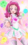  1girl :d alternate_costume bangs breasts covered_nipples cowboy_shot dress grey_legwear hanzou headphones highres hugtto!_precure long_hair looking_at_viewer nono_hana open_mouth outstretched_arm outstretched_hand pink_eyes pink_hair precure reaching_out shiny shiny_hair short_dress sleeveless sleeveless_dress small_breasts smile solo standing thigh-highs white_dress zettai_ryouiki 
