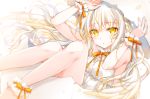  1girl 2980 bare_legs blush eggshell highres long_hair looking_at_viewer original ribbon solo white_hair wings yellow_eyes 