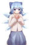  1girl arms_up blue_dress blue_eyes blue_hair bow brown_mittens cirno coat commentary_request cowboy_shot dress earmuffs eyebrows_visible_through_hair fur_coat hair_between_eyes hair_bow hands_together highres light_smile looking_at_viewer mittens petticoat resa_7z_(resastr) scarf short_hair simple_background solo standing touhou white_background white_coat wings winter_clothes winter_coat 